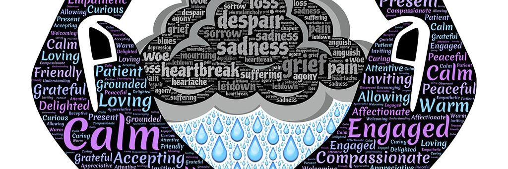 A graphic of hands holding a rain cloud. The hands have happy emotions written on then, and the cloud has sad emotions.