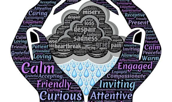 A graphic of hands holding a rain cloud. The hands have happy emotions written on then, and the cloud has sad emotions.