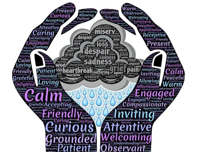 A graphic of hands holding a rain cloud. The hands have happy emotions written on then, and the cloud has sad emotions. A graphic of hands holding a rain cloud. The hands have happy emotions written on then, and the cloud has sad emotions.